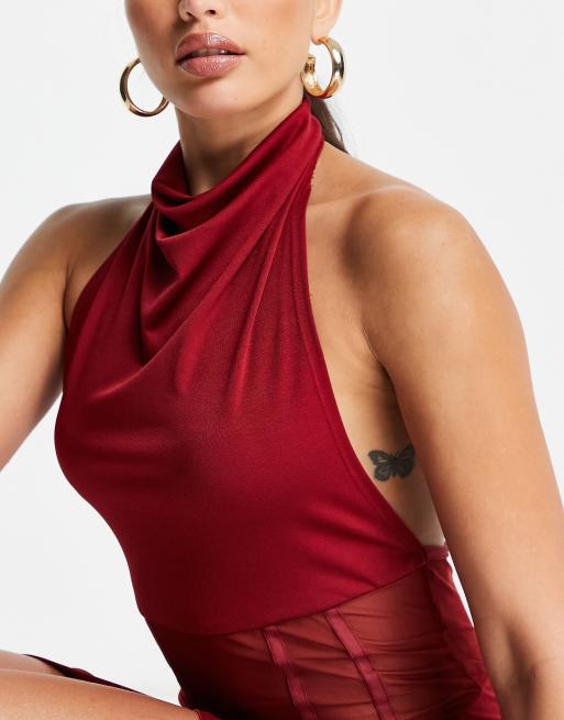 ASOS DESIGN Tall – Vinröd midiklänning med draperad ringning och korsett-liv av mesh, 3 av 4