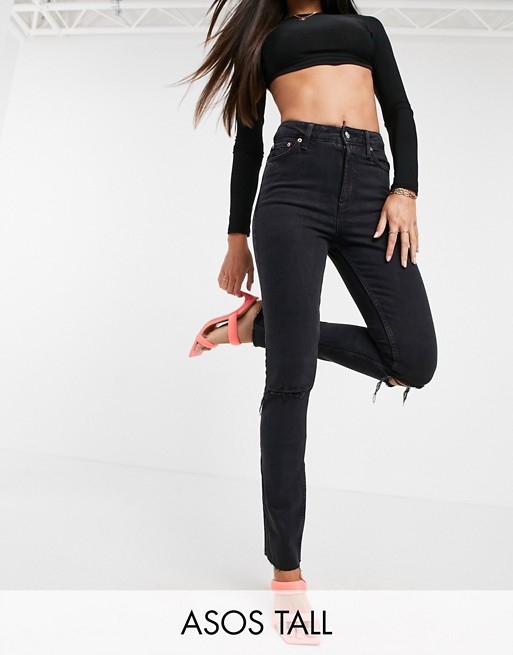 ASOS DESIGN Tall mid rise vintage 'skinny' jeans in washed black with rips
