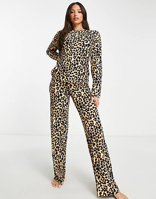 ASOS DESIGN Tall viscose leopard long sleeve top & wide leg pants pajama  set in brown
