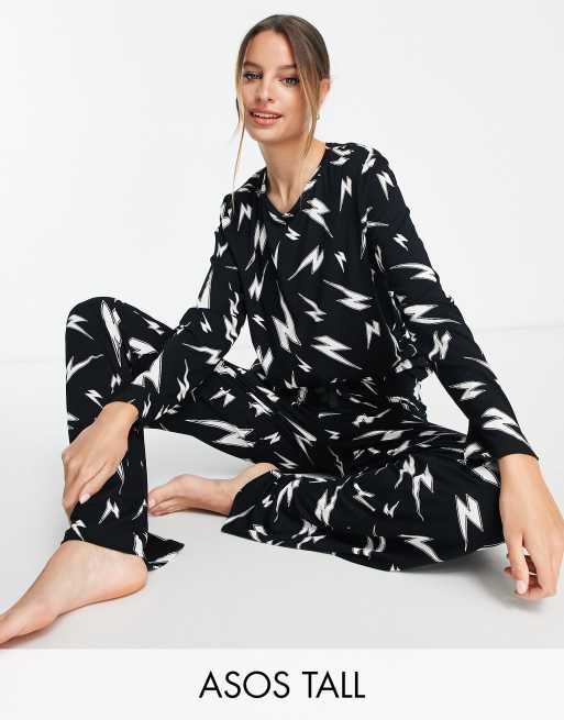 ASOS DESIGN Tall viscose lightning bolt long sleeve top pants pyjama set in black