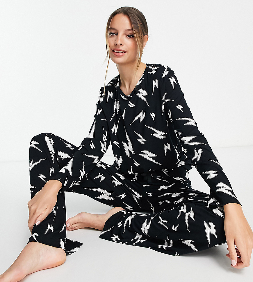 Asos Design Tall Viscose Lightning Bolt Long Sleeve Top & Trouser Pyjama Set In Black