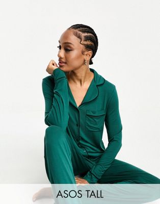ASOS DESIGN Tall viscose long sleeve shirt & trouser pyjama set with contrast piping in green