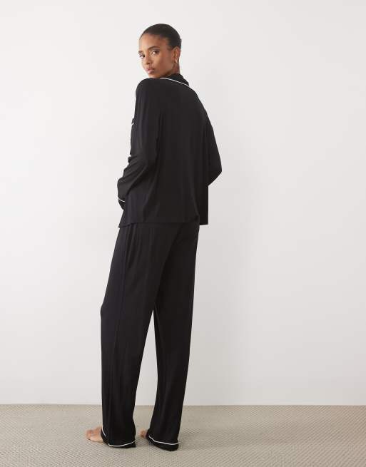 ASOS DESIGN Tall Viscose super soft long sleeve shirt & pant pyjama set in black, 4 of 4