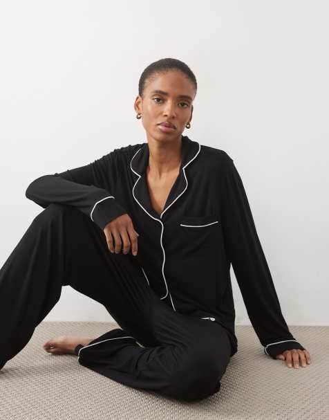 ASOS DESIGN Tall Viscose super soft long sleeve shirt & trouser pyjama set in black - view 1