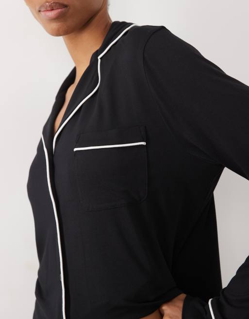 ASOS DESIGN Tall Viscose super soft long sleeve shirt & trouser pyjama set in black, 3 of 4