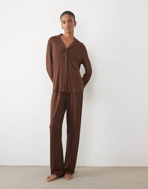 ASOS DESIGN Tall Viscose super soft long sleeve shirt & trouser pyjama set in chocolate - view 1