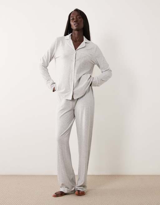 ASOS DESIGN Tall Viscose super soft long sleeve shirt & trouser pyjama set in grey marl, 2 of 4