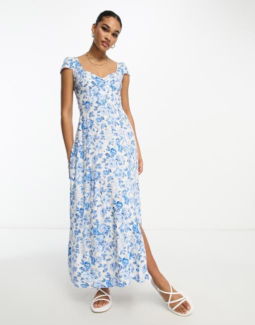 ASOS DESIGN Tall viscose sweetheart neck slit front midi dress in blue floral