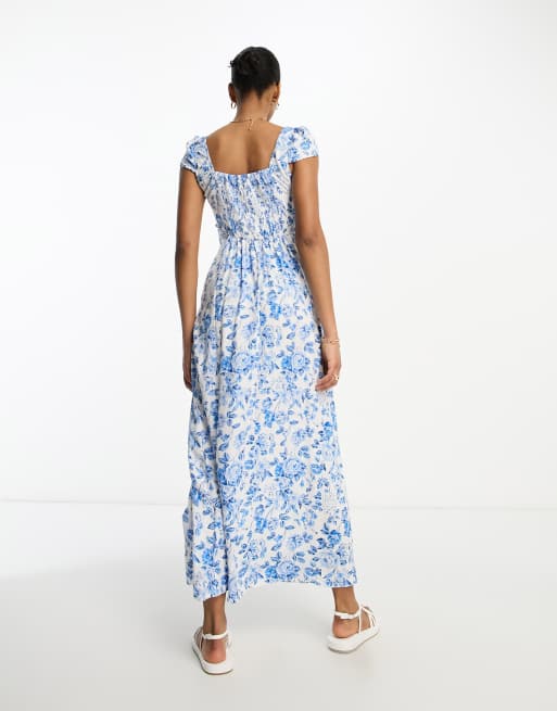 ASOS DESIGN Tall viscose sweetheart neckline split front midi dress in blue floral, 2 of 4