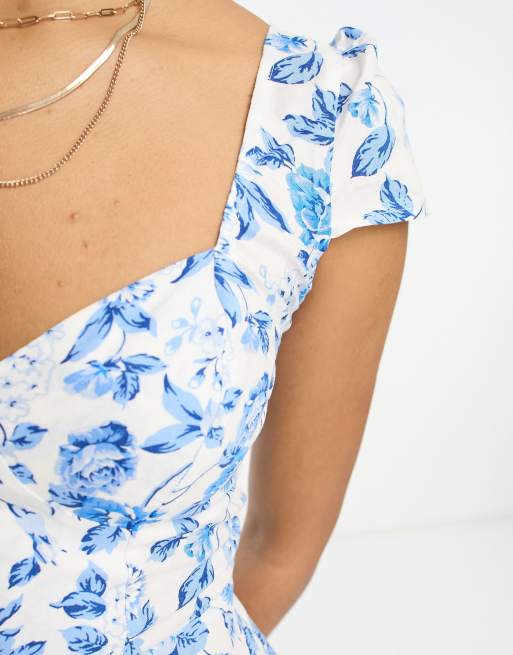 ASOS DESIGN Tall viscose sweetheart neckline split front midi dress in blue floral, 3 of 4