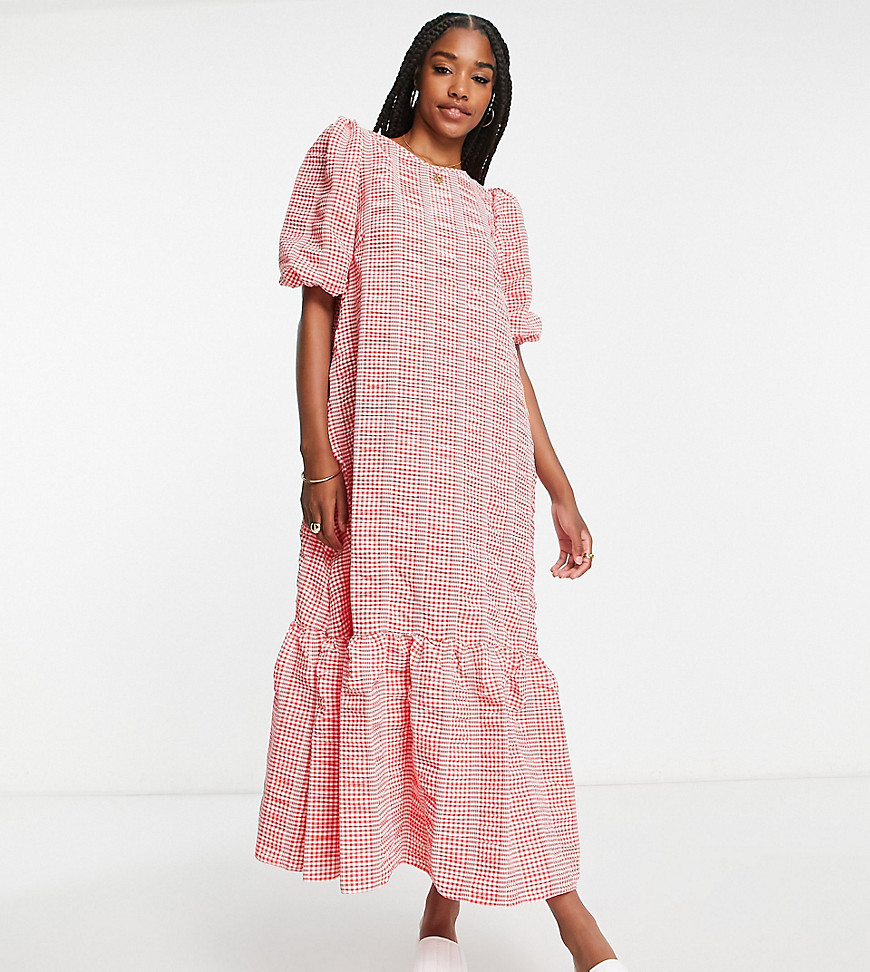 ASOS DESIGN Tall volume maxi smock dress in red mixed gingham