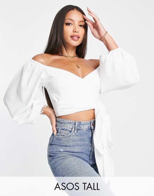 ASOS DESIGN Tall volume sleeve off shoulder wrap tie blouse in white