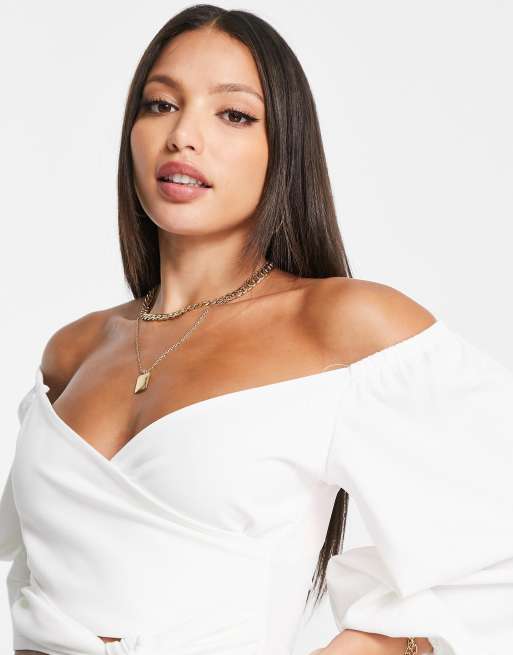 ASOS DESIGN Tall volume sleeve off shoulder wrap tie blouse in white