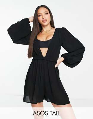 ASOS DESIGN Tall volume sleeve plunge beach romper in black