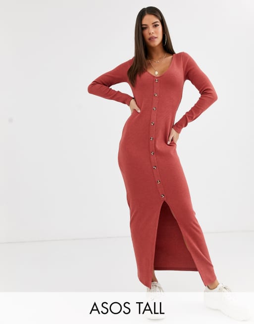 ASOS DESIGN Tall waffle button through maxi dress in red ASOS