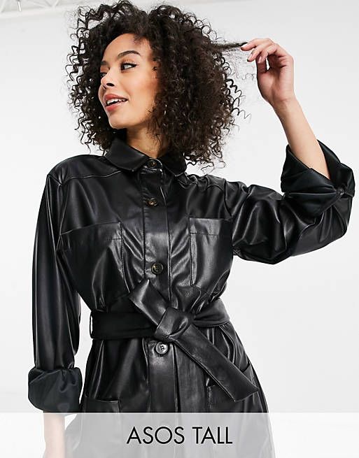 Women Tall waisted leather look shacket in black 