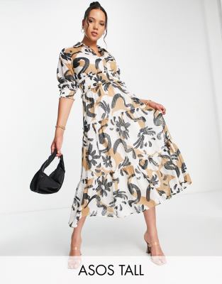 ASOS DESIGN Tall – Warstwowa sukienka midi z kołnierzykiem i marszczoną talią w abstrakcyjny kwiatowy wzór 