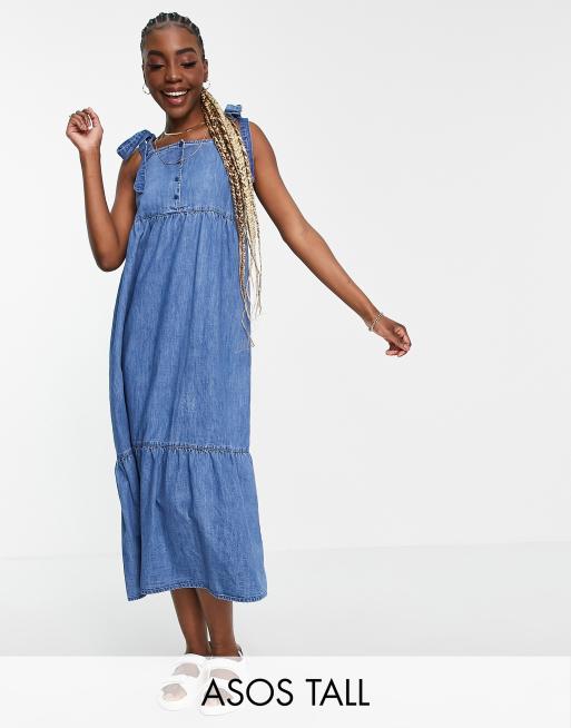 ASOS DESIGN Tall – Warstwowa sukienka midi z miękkiego jeansu z głębokim dekoltem