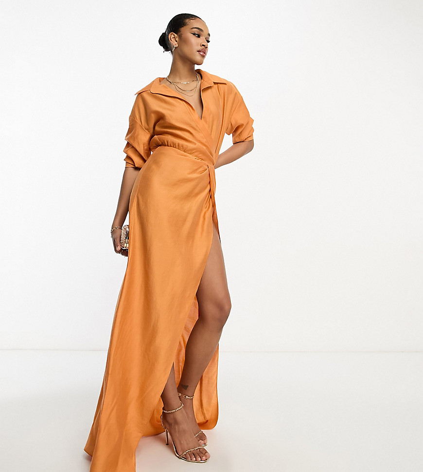 ASOS DESIGN Tall washed collar twist waist maxi dress with high split in rust-Brown