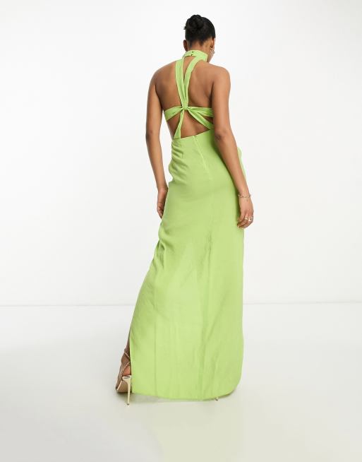 ASOS DESIGN Tall washed halter neck maxi dress with twist strap back detail  in lime green