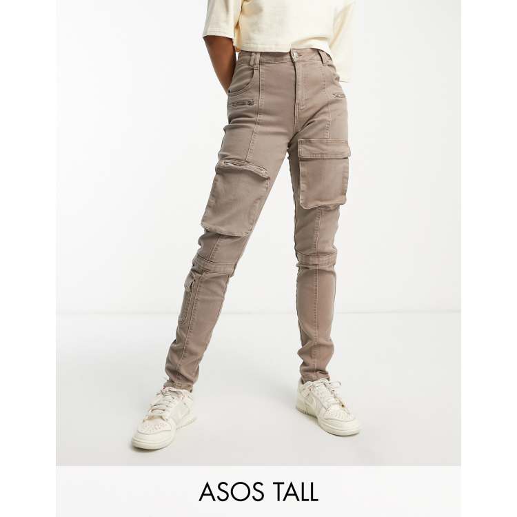 ASOS DESIGN Tall washed moto cargo pants with 3D pockets in brown