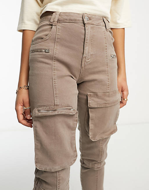ASOS DESIGN Tall washed moto cargo pants with 3D pockets in brown