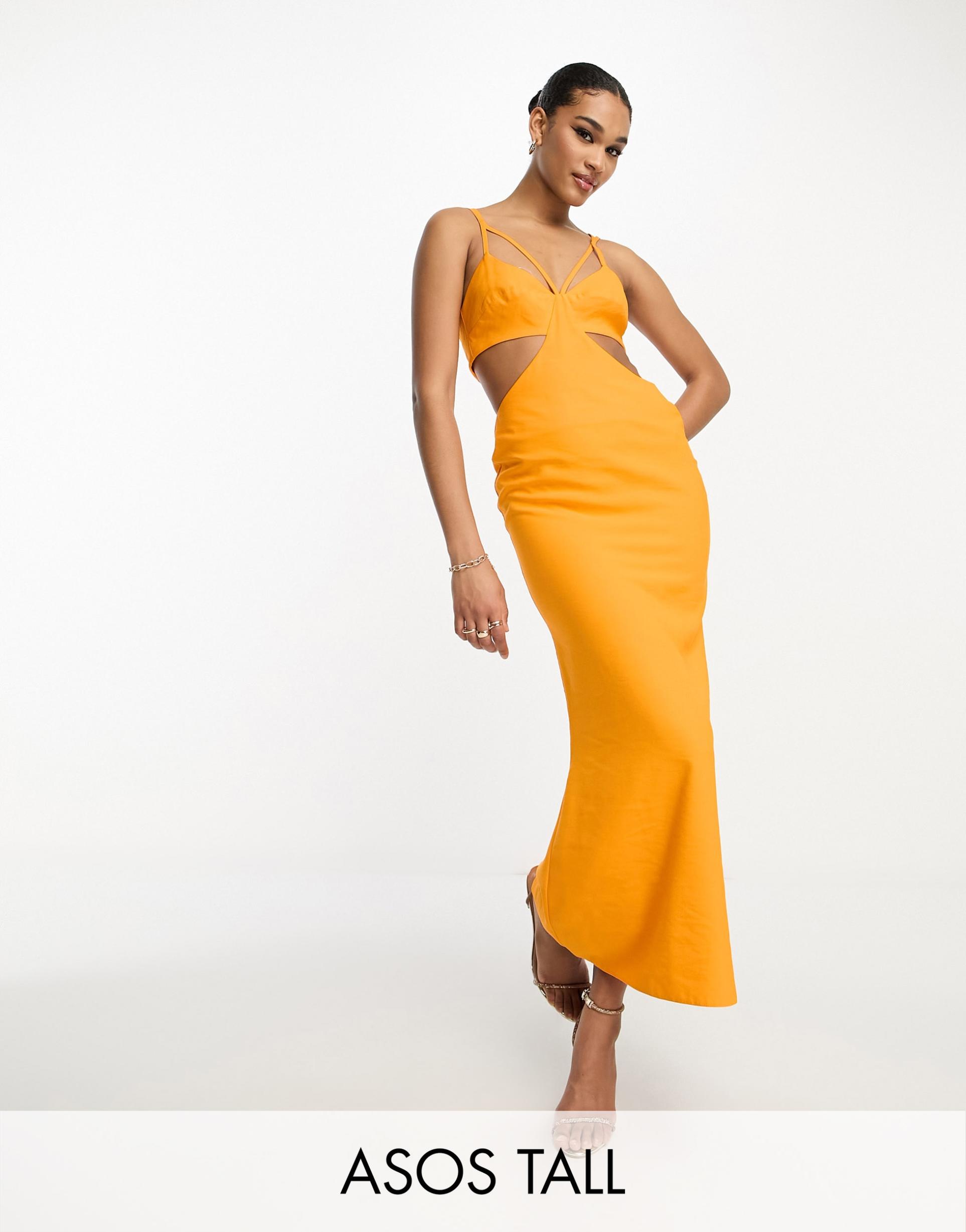 asos design tall washed multi strap cut out midi dress in orange