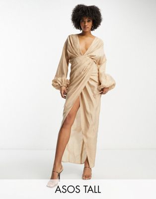 Asos Tall Asos Design Tall Washed Plunge Midaxi Dress With Draping Detail In Stone-neutral