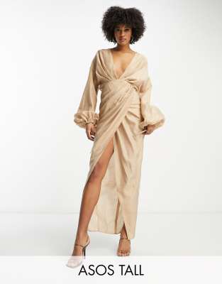 Asos Tall Asos Design Tall Washed Plunge Midaxi Dress With Draping Detail In Stone-neutral