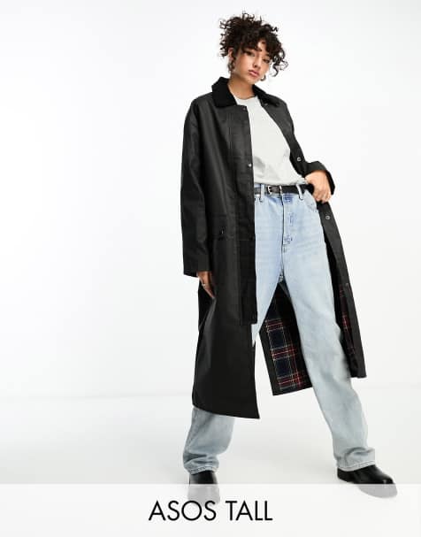 ASOS DESIGN Tall wax trench with check lining in black - view 1