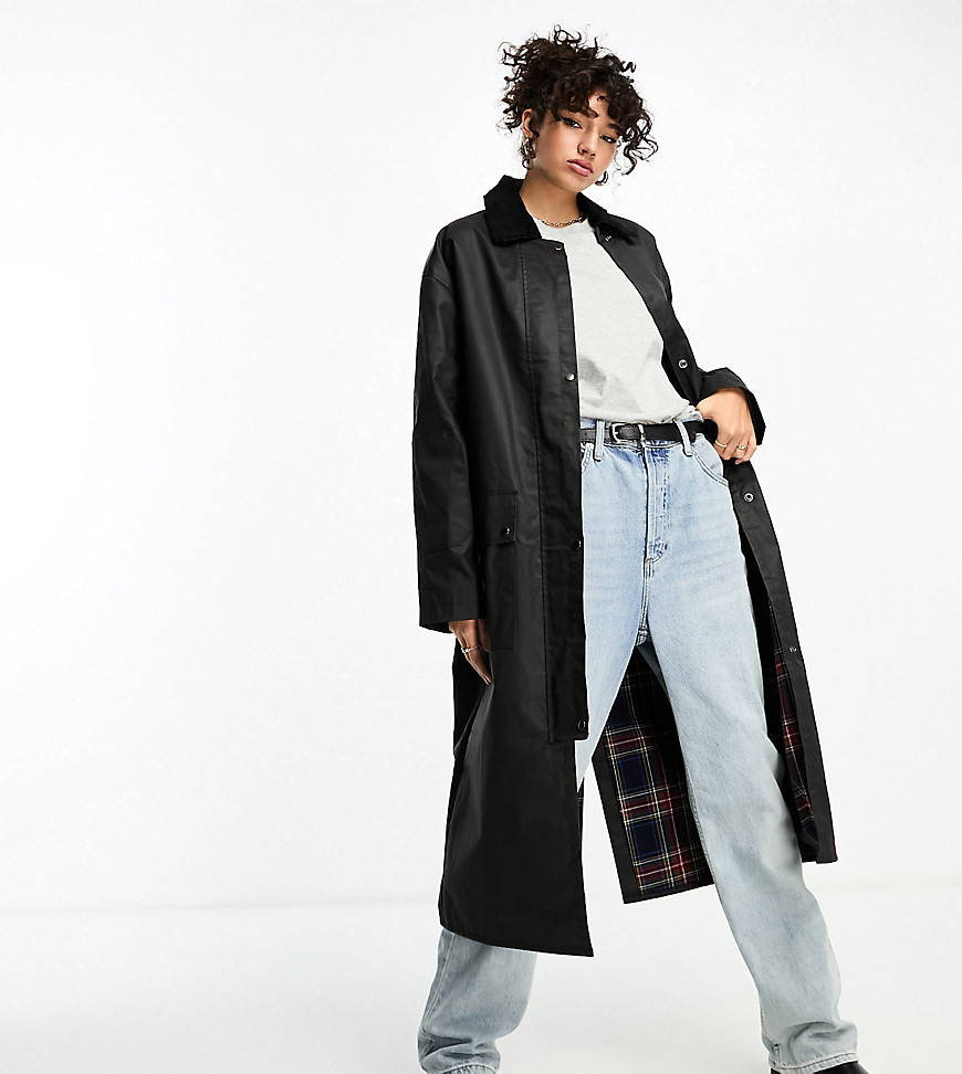 ASOS DESIGN Tall wax trench with plaid lining in black-Blue