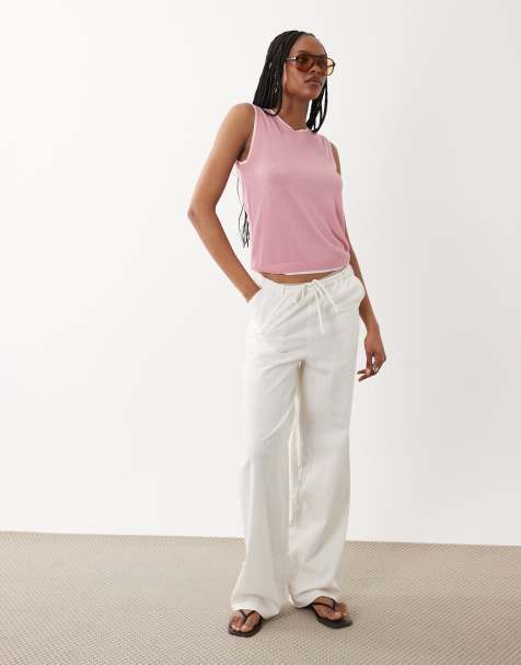 ASOS DESIGN Tall – Wciągane spodnie z imitacji lnu w kolorze złamanej bieli - view 1