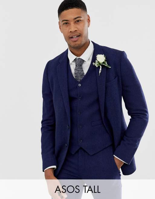 ASOS DESIGN Tall Wedding - Abito skinny blu a spina di pesce in misto lana, 2 di 4