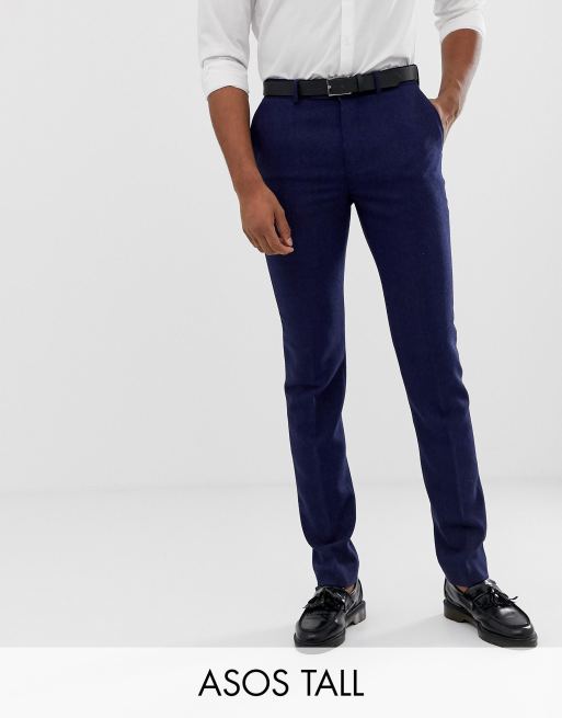 ASOS DESIGN Tall Wedding - Abito skinny blu a spina di pesce in misto lana, 3 di 4