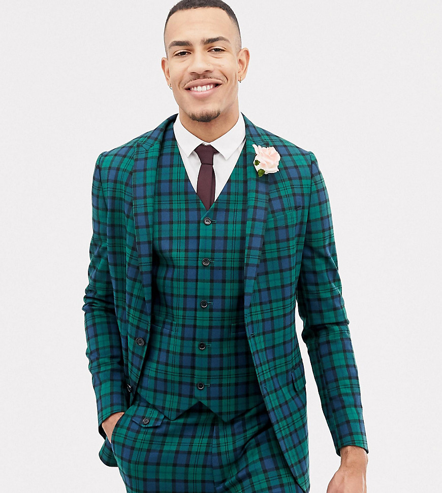ASOS DESIGN Tall wedding skinny suit jacket in blackwatch tartan-Green