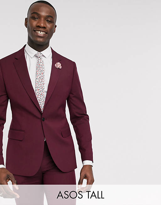 ASOS DESIGN Tall wedding skinny suit jacket in burgundy | ASOS