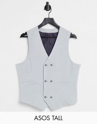 ASOS DESIGN Tall wedding skinny suit waistcoat in ice grey cross hatch with printed lining