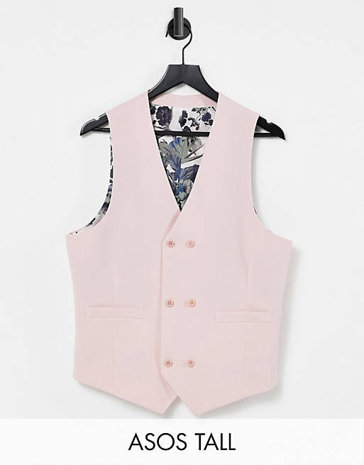 ASOS DESIGN Tall wedding skinny suit waistcoat in pink cross hatch with printed lining