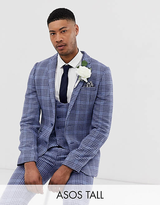 ASOS DESIGN Tall wedding super skinny suit jacket in blue wool blend check