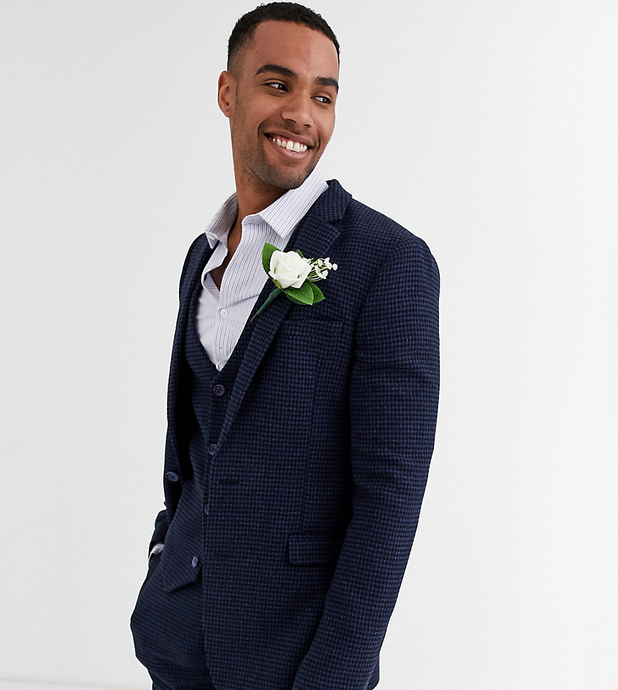 ASOS DESIGN Tall wedding super skinny suit jacket in blue wool blend mini check