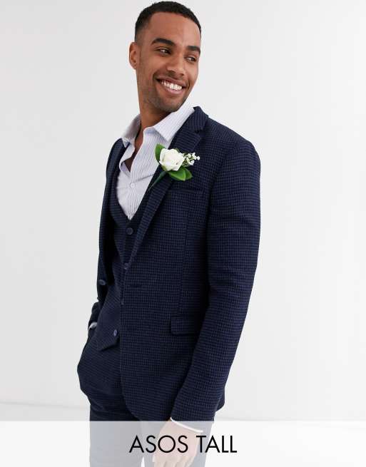 ASOS DESIGN Tall wedding super skinny suit in blue wool blend mini check, 2 of 4
