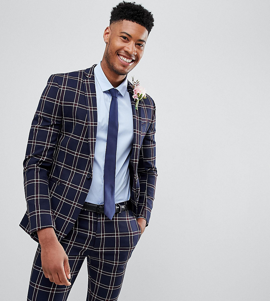 ASOS DESIGN Tall wedding super skinny suit jacket in navy waffle check