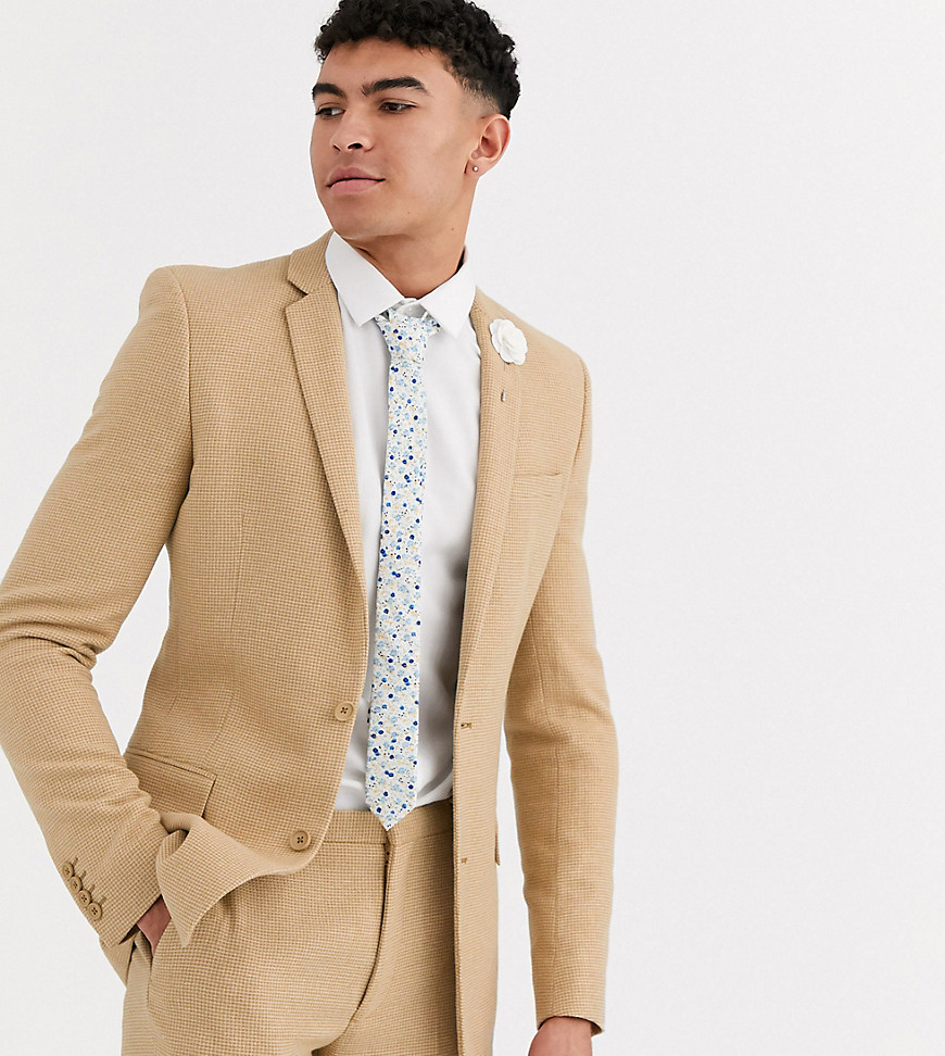 ASOS DESIGN Tall wedding super skinny suit jacket in stone wool blend micro check-Neutral