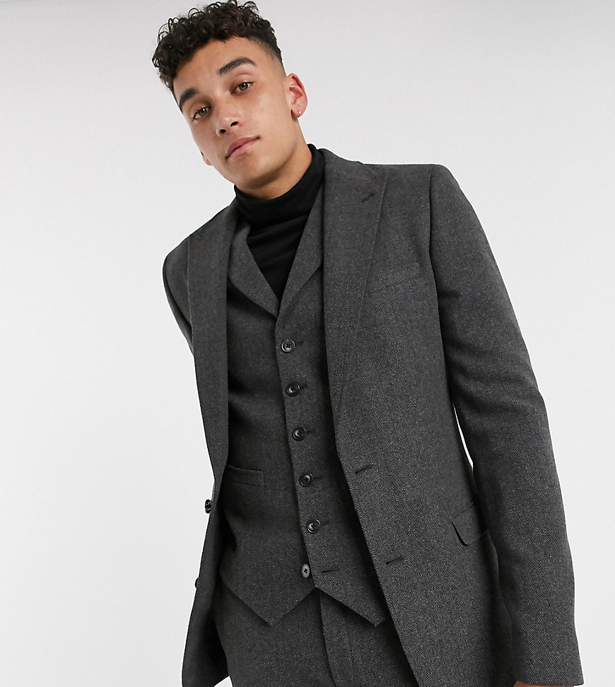 Asos Design Tall Wedding Super Skinny Suit Jacket In Wool Mix Herringbone In Charcoal-gray