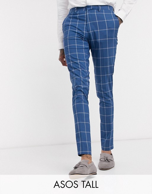 ASOS DESIGN Tall wedding super skinny suit trousers in light blue windowpane check