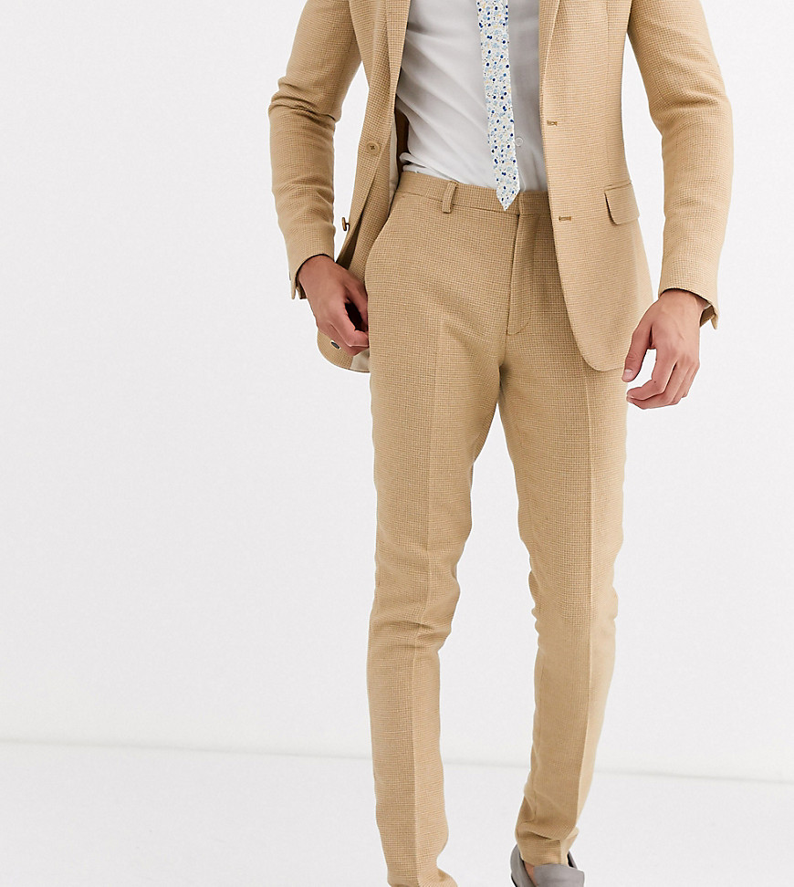 ASOS DESIGN Tall wedding super skinny suit trousers in stone wool blend micro check-Beige
