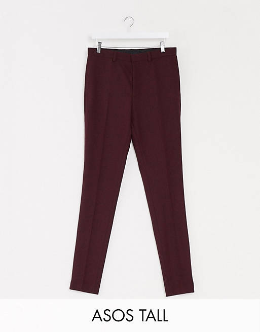 ASOS DESIGN Tall wedding super skinny wool mix suit trousers in burgundy