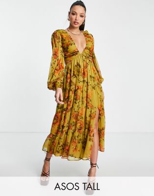 ASOS DESIGN Tall – Weiches Midikleid in Olivgrün mit plissierter Oberpartie, Schnürung am Rücken und Blumenmuster