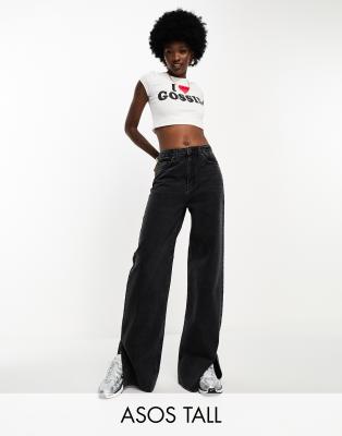 ASOS DESIGN Tall - Weite Dad-Jeans in verwaschenem Schwarz mit Schlitz