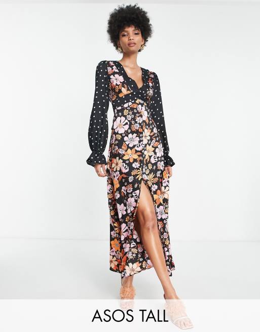 ASOS DESIGN Tall – Wiązana sukienka midi o fasonie z odkrytymi plecami we wzór w kwiaty i groszki